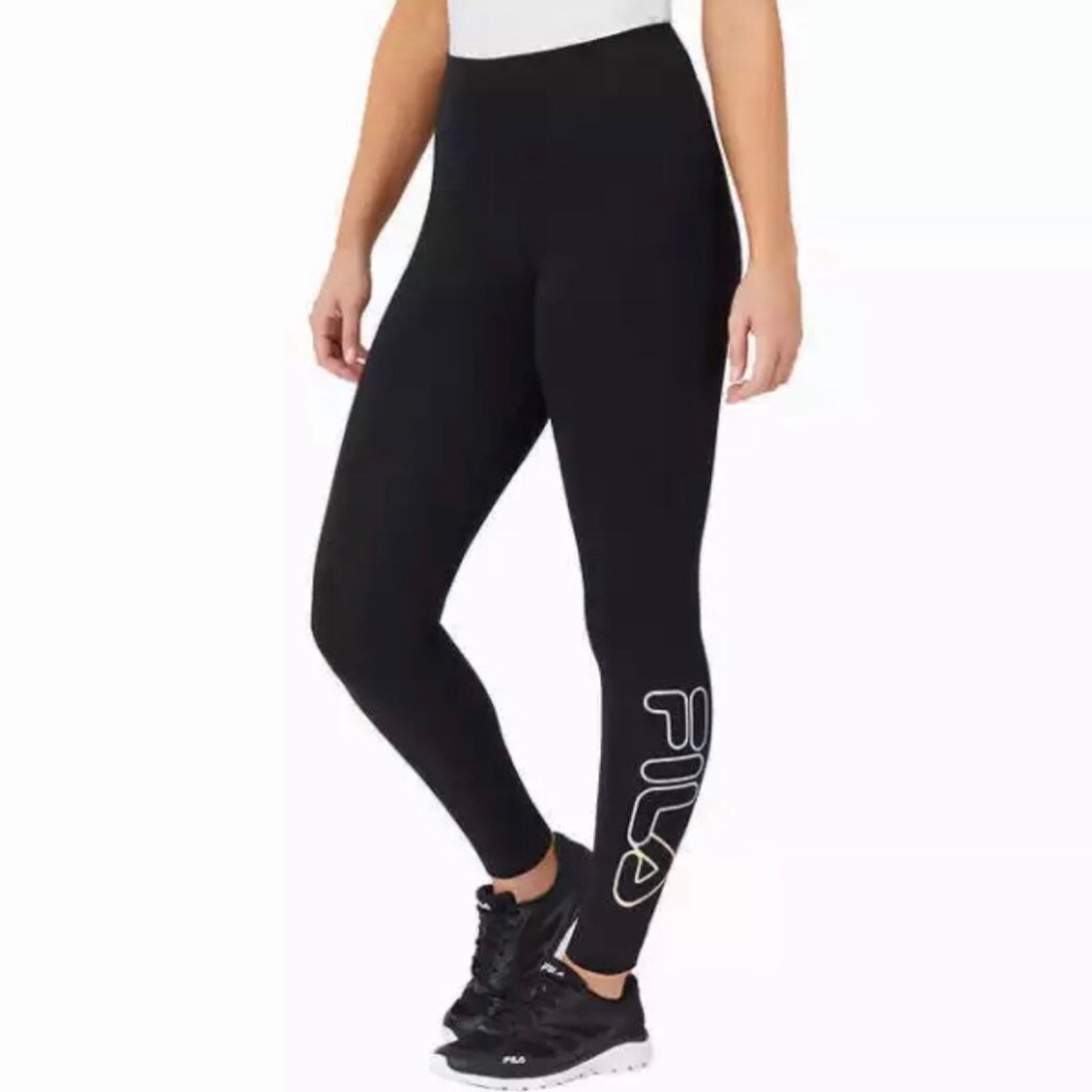 Fila Cotton High Rise Waisted Tight Leggings Black Neon Logo Womens - Picture 5 of 9